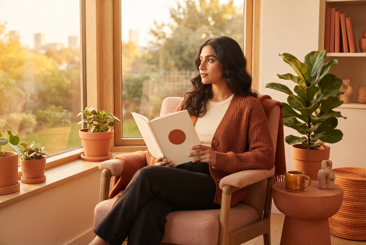 A South Asian woman reading a book in a sunlit room decorated with warm amber and terracotta accents.