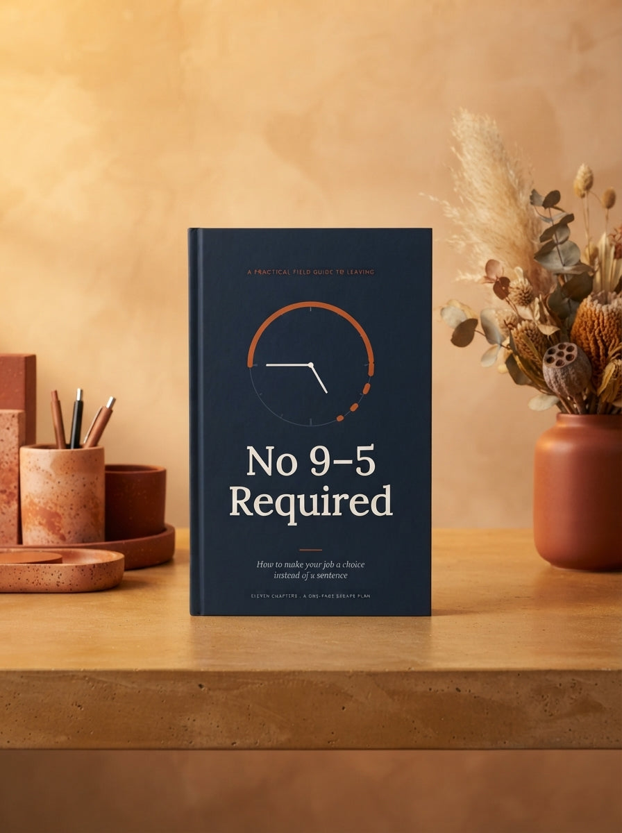 A professional hero shot of the book No 9-5 Required placed on a modern desk with warm-toned decor and soft ambient lighting.